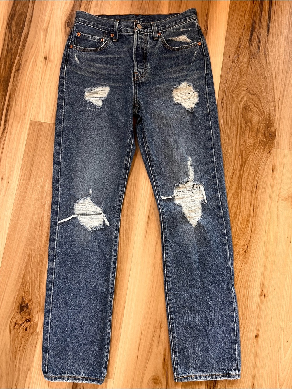 Levi's 501 Original Fit Button Fly Jeans Women's W27 L32 Distressed Straight Leg